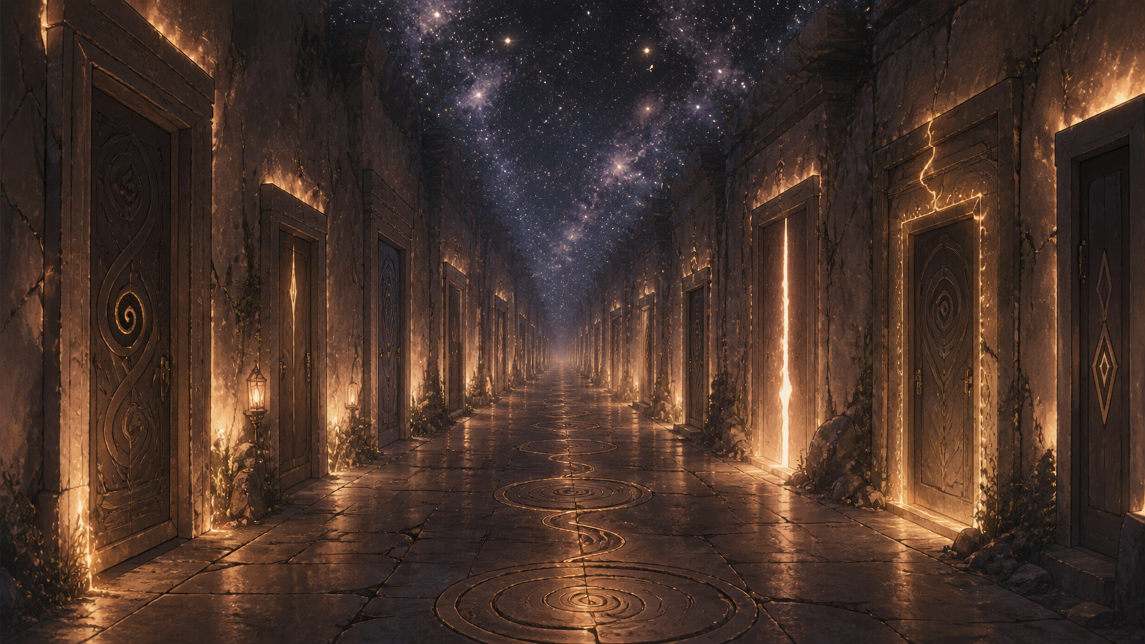 The corridor of warm stone, stars above, doors lining the walls