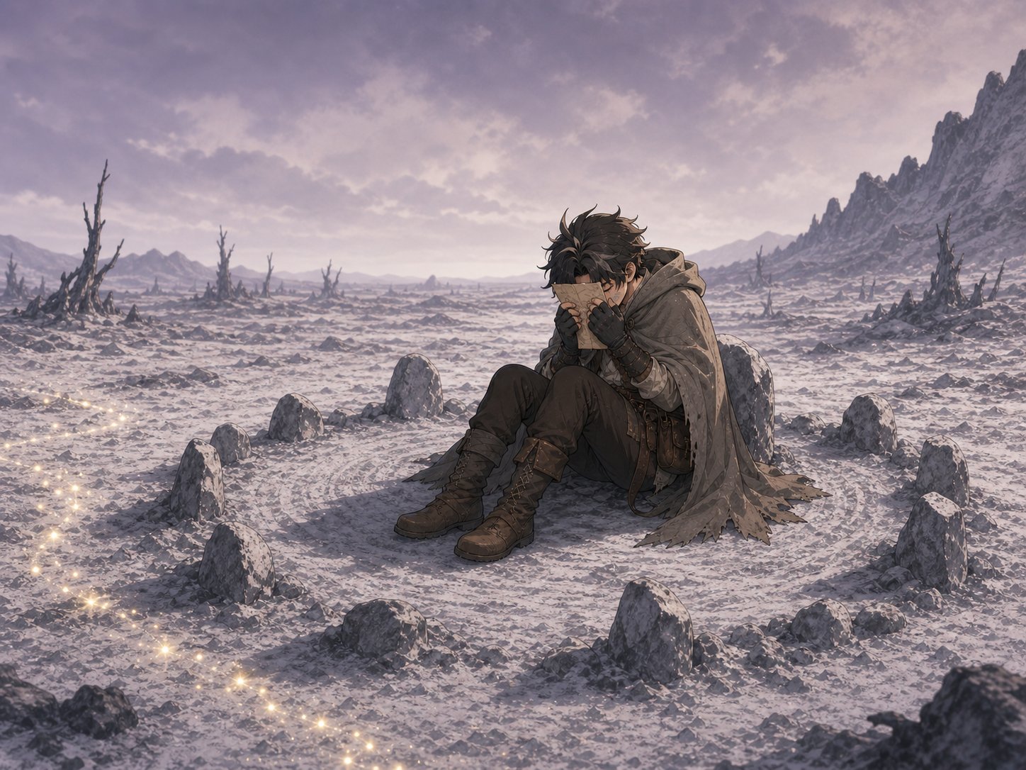 Aerin in the ring of stones, forehead pressed to parchment, the shimmer arriving